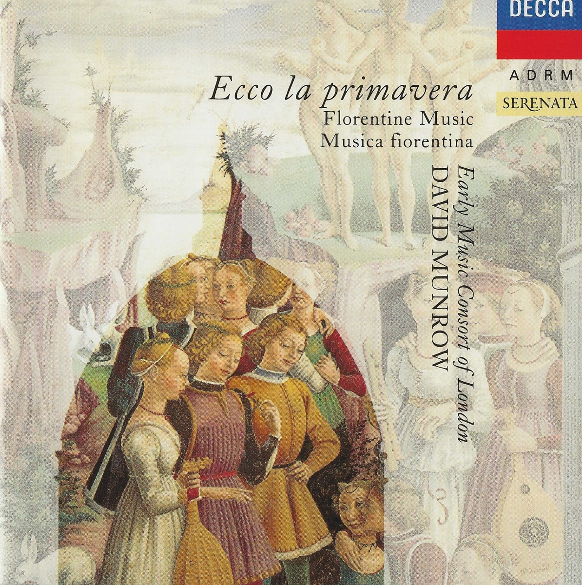 Copertina dell’album “Ecco la primavera” con scena rinascimentale di figure in un paesaggio, pubblicato dall’Early Music Consort of London.