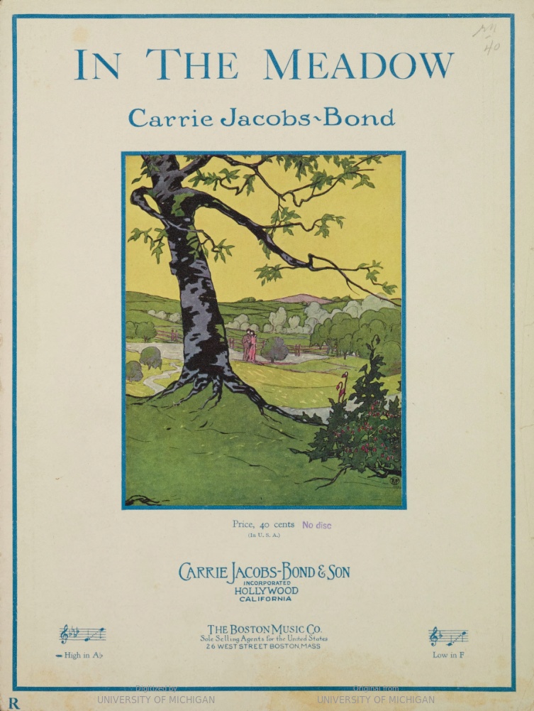 Copertina dello spartito d'epoca In The Meadow di Carrie Jacobs-Bond, pubblicato da Carrie Jacobs-Bond & Son e The Boston Music Co., con illustrazione di un prato verde e un grande albero.